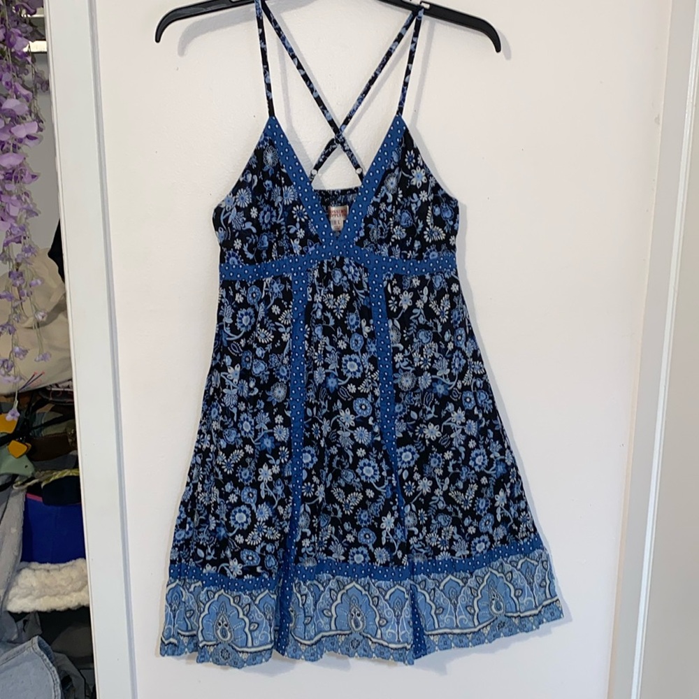 Large blue cross back dress with flowers and paisley designs